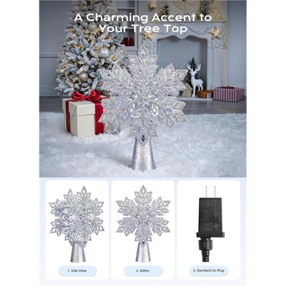Christmas Tree Topper with Built-in 3D Glitter Led Snowflake 10-inch - Picture 5 of 8